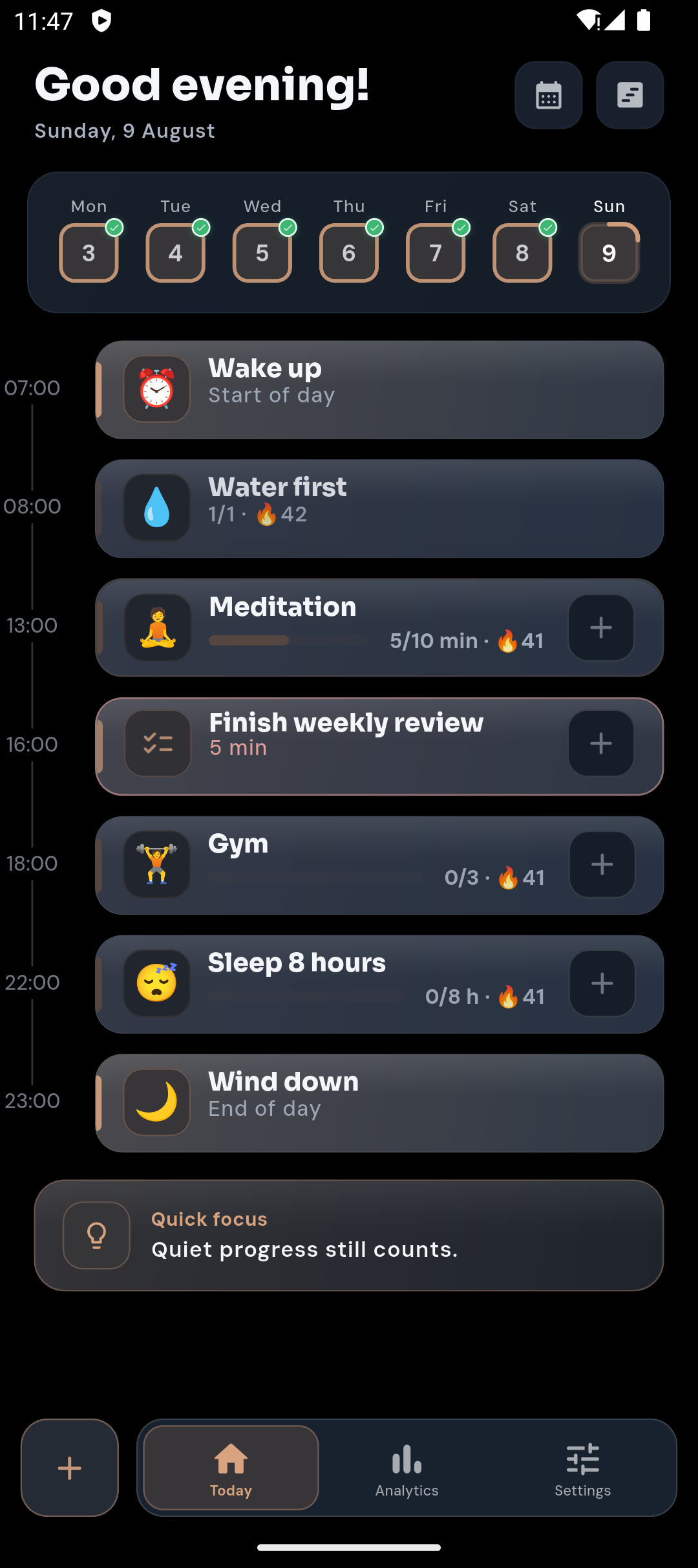 LilCoach Today screen with habits and daily plan