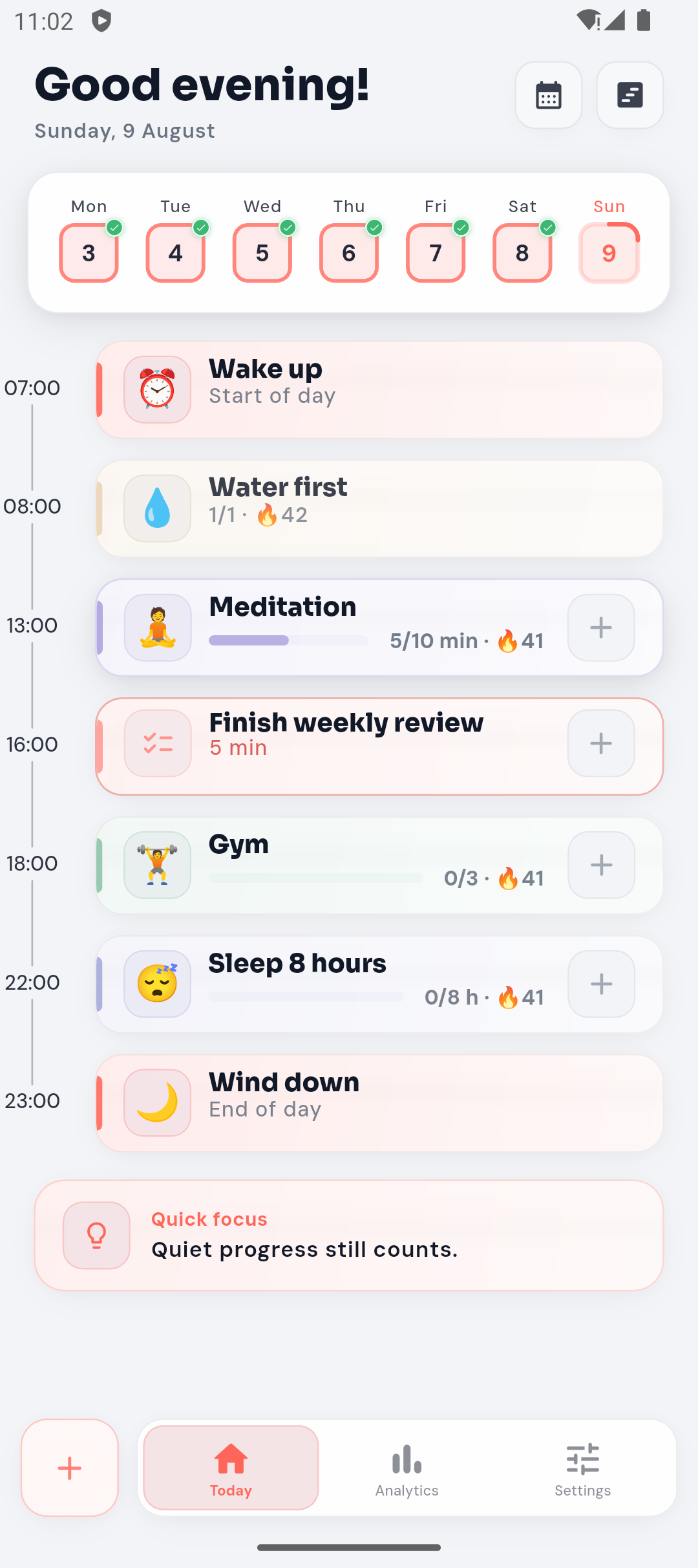LilCoach Today screen with habits and daily plan